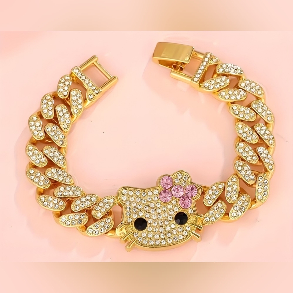 Sparkling Hello Kitty Gold Plated Rhinestone Bracelet - 8"